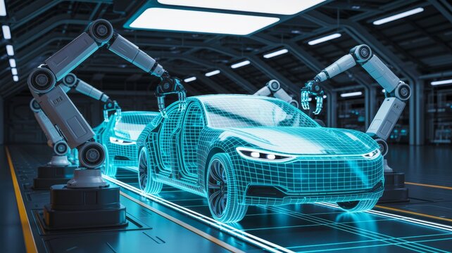A futuristic car assembly line featuring robotic arms working on a holographic vehicle model in a high-tech environment.