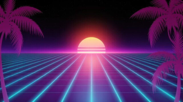 Retro neon grid sunset with palm trees vaporwave