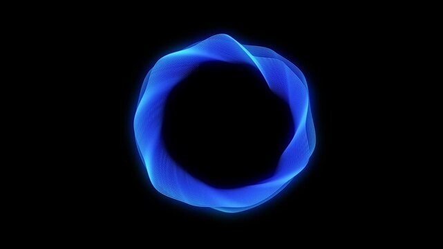 Abstract glowing neon lines forming a blue gradient futuristic 3d shape. Digital technology, big data, artificial intelligence, and virtual assistant concept. Sound waves and audio spectrum. 4k loop.