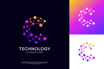 Molecular structure logo design. Initial letter C connect logo icon template.