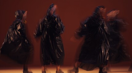 A dynamic and abstract image of figures in motion, wearing glossy dark plastic coats against a brown background.