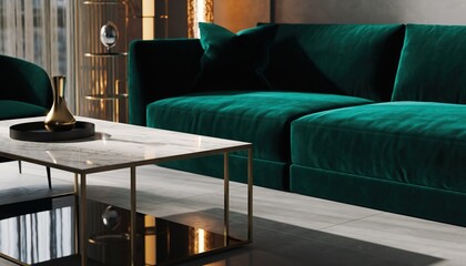 Green velvet sofa and marble table