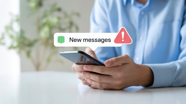 A person attentively using a mobile phone, with a notification alert about new messages