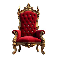 Ornate red velvet throne with gold trim isolated on a transparent background royal