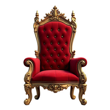Ornate red velvet throne with gold trim isolated on a transparent background royal
