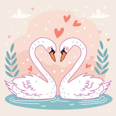 Romantic swan couple forming heart shape illustration