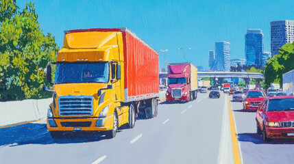 Naklejka premium Brightly colored trucks drive along busy highway with city skyline in background, showcasing vibrant urban scene
