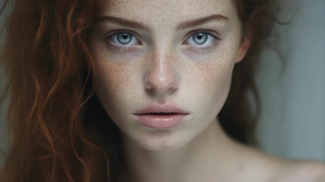 Close-up of a woman with freckles on her face and red hair looking directly at the camera.