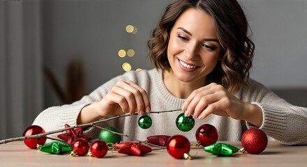 A smiling woman is decorating a Christmas tree with red and green ornaments.