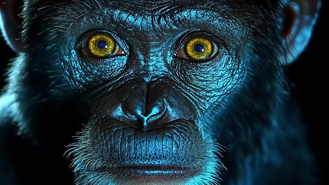 Intense Gaze: A Chimpanzee's Captivating Eye Contact with Deep Blue Lighting