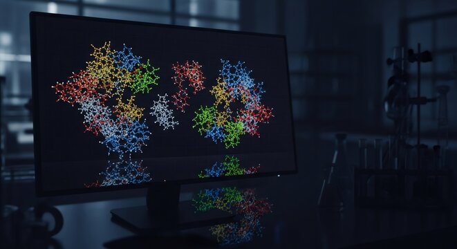 Computer monitor displaying complex molecular structure. Digital visualization of biopolymer for bioprinting and scientific research. Innovation in molecular biology.