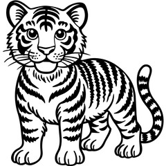 A cute cartoon baby tiger with bold black stripes and a friendly face isolated on white background isolated on transparent background silhouette