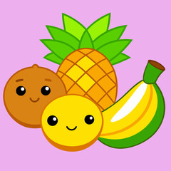Adorable kawaii style fruits banana pineapple orange and kiwi characters together isolated on white background isolated on transparent background silhouette