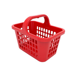 Red plastic shopping basket with handle isolated on a transparent background empty