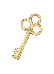 Watercolor illustration of a golden key. Hand-drawn key isolated on a white background. Design and decoration. Antique item, door key.