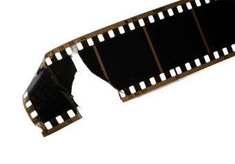 Aged celluloid vintage film strip, torn, crumpled, matte black empty frames, detailed perforations, dust, scratches, isolated on transparent background, extreme close-up, concept of time's passage