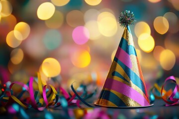 A festive party hat stands among colorful streamers and bright bokeh lights.