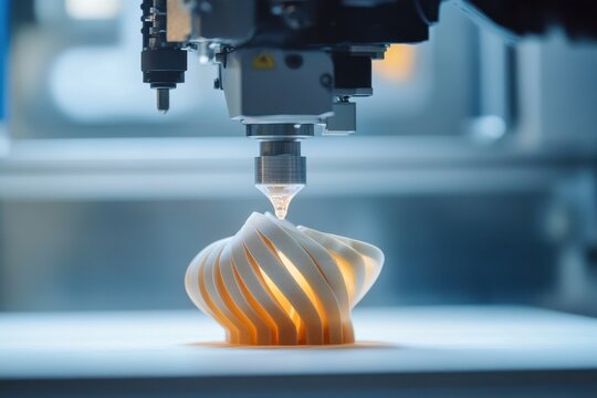 A 3D printer builds a complex object layer by layer with precision and detail.