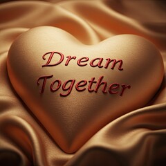 Golden heart symbol with dream together message on silk fabric background