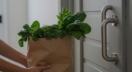 Grocery delivery fresh greens in a paper bag near an entrance door