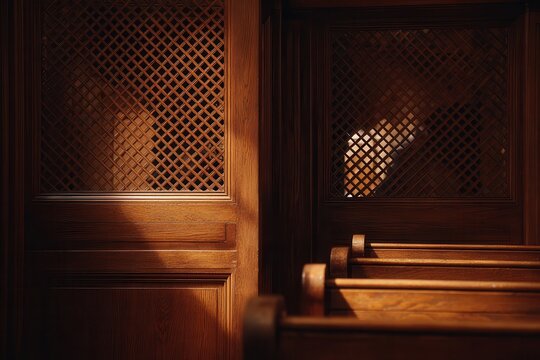 traditional wooden confession booths in a quiet church interior