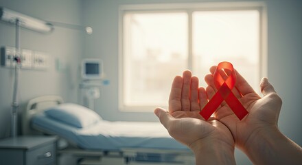 Hands holding red ribbon symbol in hospital setting for health awareness
