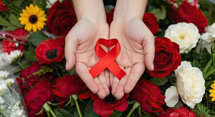 Hands holding red ribbon symbol amidst floral arrangement for awareness