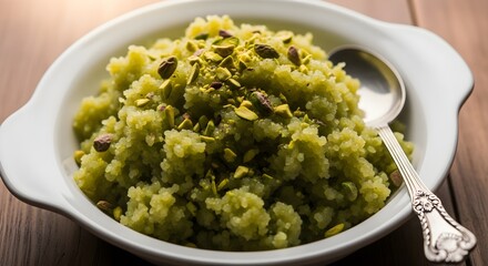 Traditional Green Suji Halwa Garnished with Chopped Pistachios in White Bowl – Classic Indian Semolina Dessert for Festivals, Celebrations, and Family Gatherings, Served Warm and Fresh

