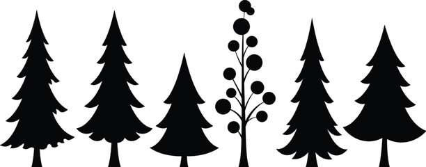 Silhouette of pine trees and fir trees, forest nature illustration, evergreen woodland design, black vector tree collection for decoration
