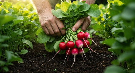 Harvested fresh radishes held by hands in garden setting with sunlight
