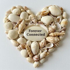 Heart made of seashells with forever connected text on white background