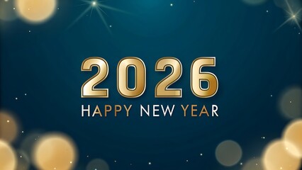 A festive new year greeting card featuring golden numbers and bokeh lights on blue background