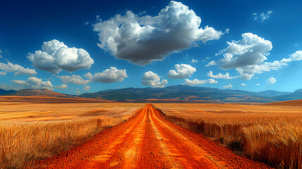 Straight red dirt road through golden wheat field under vivid blue sky with dramatic clouds and distant mountains Generative AI