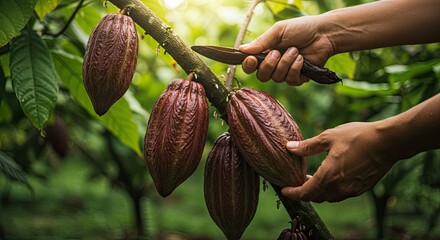 Harvesting cocoa pods farmer hands carefully cutting ripe fruits on branch