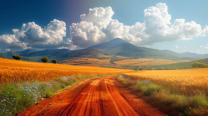 Curving red dirt road through golden wheat fields with wildflowers under dramatic clouds and mountain backdrop Generative AI