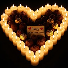 Heart shaped arrangement of candles with chocolates romantic celebration concept