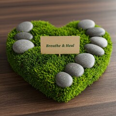 Heart shaped arrangement of green moss with stones and a sign on a wooden surface