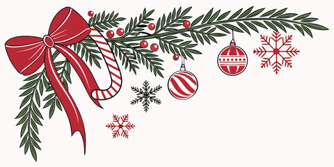 Christmas holiday corner decoration with fir branches, red bow, candy cane, berries, baubles, and snowflakes, vector illustration.