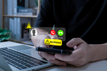 Scam Alert. business man people receiving incoming call from unknown number, call center gang,...
