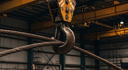 Industrial crane hook with steel cable suspended in warehouse