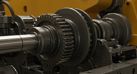Industrial machinery close up with metal gears and mechanical components