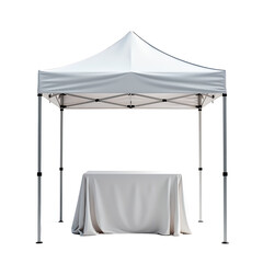 White canopy tent with draped table isolated on a transparent background event tent outdoor shelter