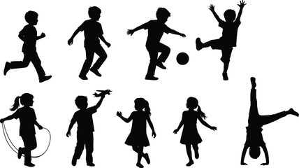 Silhouette of children playing, running, jumping, kicking ball, skipping rope, doing handstand, outdoor fun activity, happy kids in motion