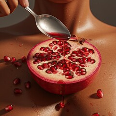 Pomegranate being poured with juice close up composition studio lighting