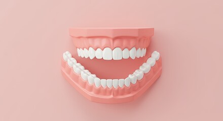 Realistic anatomical model of human teeth on a pastel pink background