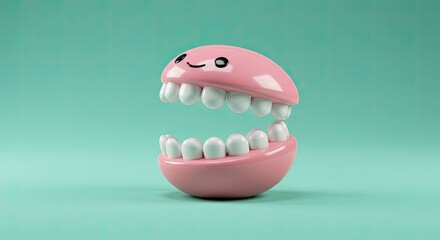 Smiling cartoon dentures on turquoise backdrop for dental health concepts