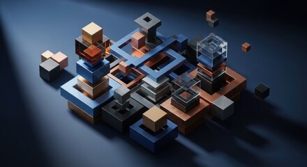 Abstract 3D render of metallic and glass geometric shapes in a complex arrangement