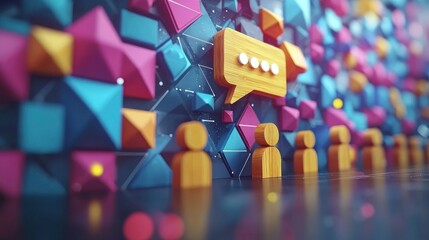 Abstract orange people, chat icon, vibrant geometric wall, digital network concept