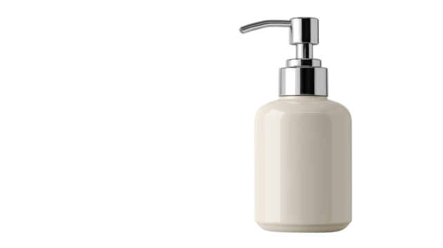 This is a ceramic soap dispenser with a metal pump on white backgroud 