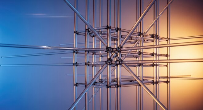 Abstract 3D render of interconnected shiny metal rods forming a complex geometric structure